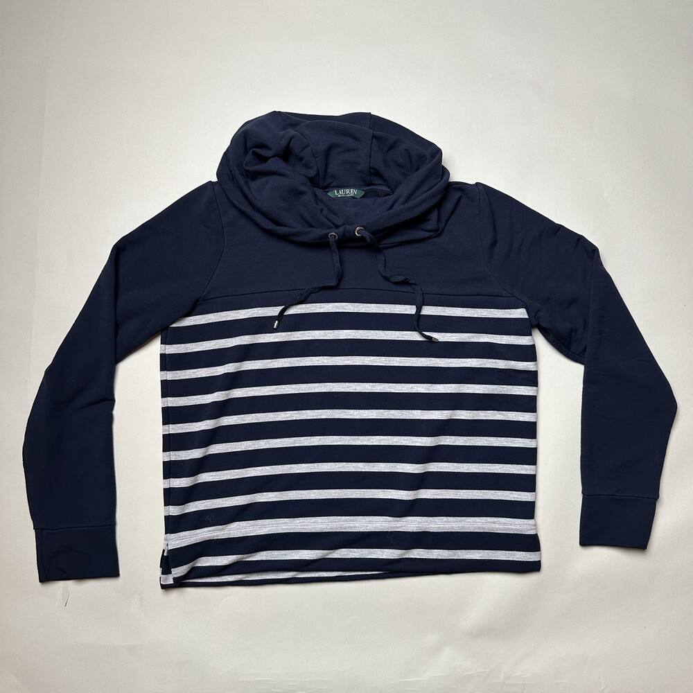 Lauren Ralph Lauren Pullover Womens Medium Navy Blue Cowl Neck Striped RL Logo